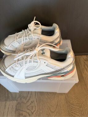 Under Armour White and Silver Athletic Sneakers with Coral Accent